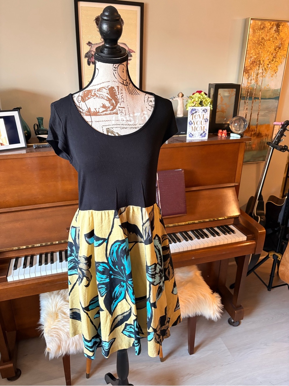 Black Top Yellow Floral Skater Dress with Teal Accents